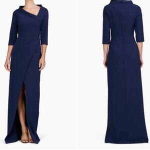 Kay Unger 3/4 Sleeve Front Slit Navy Blue Asymmetric Neck Gown Plus Size: 18